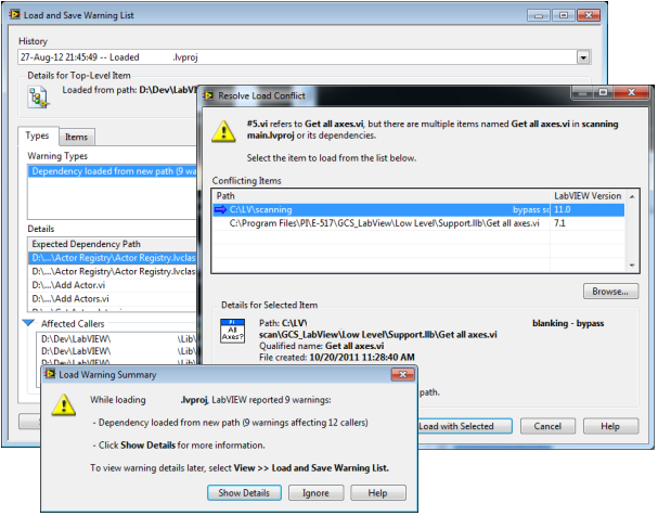 "Load and Save Warning List", "Resolve Load Conflict" and "Load Warning Summary" dialogs